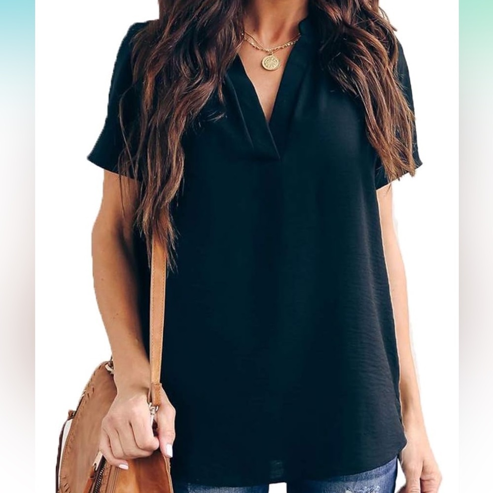 Summer Casual Split V Neckline Chiffon Blouses Loose Tunic Short Sleeve Tops